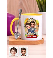 Sevgiliye Özel Hediye Ev Temalı Karikatürlü Ahşap Altlıklı Sarı Kupa Bardak