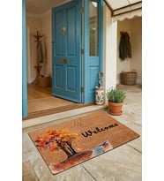 Valerine Life Kapı Önü Paspası 45x70cm Kaymaz Taban Dekoratif iç Dış Mekan Ağaç ve Kuşlar Sonbahar
