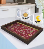 BK Gift Kişiye Özel Güneşim ve Ayım Tasarımlı 2'li Kupa Bardak Seti ve Doğal Ahşap Tepsi-3