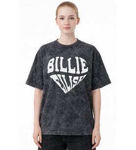 Kalp Temalı Billie Eilish Şarkıcı Baskılı Unisex Oversize Eskitme Yıkamalı Tişört