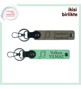 Kalbinde Müzik Taşıyanlara Kişisel İsim Yazılabilen Hatıra, Deri Anahtarlık Seti, Kül Gri-Açık Yeşil