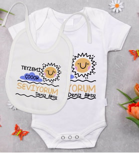 BK Kids Kişiye Özel Teyzemi Çok Seviyorum Tasarımlı Bebek Body Zıbın ve Mama Önlüğü Hediye Seti - Model 1