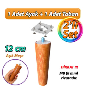 Ahşap Ayak 12 Cm 2'li Set Açık Meşe M8 Civatalı Bağlantı Aparatlı Dolap Mobilya Koltuk Kanepe Destek Ayağı Ayakları