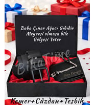 Kişiye Özel Hediye Setleri Cüzdan + Tespih + Kemer Seti Babaya Sevgiliye Erkeğe Öğretmene Hediye (Siyah)