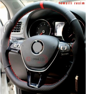 VW Golf 4 Uyumlu Dikmeli Direksiyon Kılıfı Alkantara-Karbon Kırmızı Yüzüklü