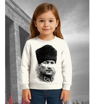 Unisex Ay Yıldızlı 19 Mayıs 29 Ekim 23 Nisan 10 Kasım Atatürk Çocuk 3 İplik Şardonlu Sweatshirt (Beyaz)