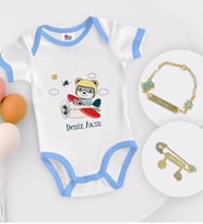 BK Kids Kişiye Özel Sevimli Pilot Tasarımlı Mavi Bebek Body Zıbın Erkek Bebek Künyesi ve İğnesi Hediye Seti-1