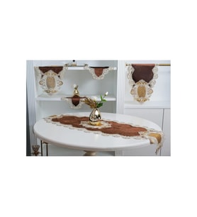 Aydan Aplikeli Güpürlü Kadife Kahverengi Salon Takımı 5 Parça 50 x 140 Cm 1451 (Standart)
