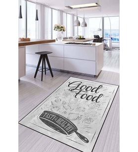 Gri Kaymaz Tabanlı Yıkanabilir Yazılı Mutfak Halısı AR1256