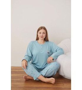 Lindros Kadın Pamuklu Düğme Yaka Raporlu İnterlok Battal Pijama Takımı 05108 - 1 Adet (Su Yeşili)