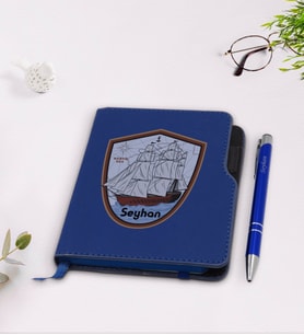 BK Gift Kişiye Özel Gemi Tasarımlı Lacivert Termo Deri Defter Kalem Seti-3
