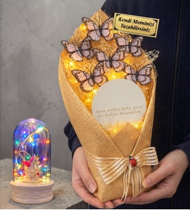 Size Özel Led Işıklı Aynalı Beyaz Kelebek Buketi ve Renkli Işıklı Biblolu Fanus (Model 8)