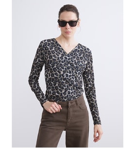LCW EVERYDAY Siyah Büyük Beden Kruvaze Yaka Leopar Desenli Bluz