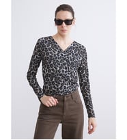 LCW EVERYDAY Siyah Büyük Beden Kruvaze Yaka Leopar Desenli Bluz