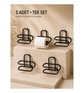 Mey İthalat® Delmeden Monte Tuvalet Kağıdı Askısı Siyah Metal Yapışkanlı Banyo Kağıtlığı 5’li Set