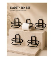 Mey İthalat® Delmeden Monte Tuvalet Kağıdı Askısı Siyah Metal Yapışkanlı Banyo Kağıtlığı 5’li Set