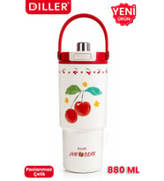 DILLER Tumbler 880 ML Tek Kapak Çift Kullanım Pipetli/Pipetsiz Taşıma Kulplu Çelik Termos-FFD9505-880ml