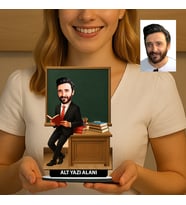 Kişiye Özel Öğretmen Karikatürlü 18 cm MDF Masaüstü Biblo - Öğretmen Hediyesi Öğretmene Özel Hediye