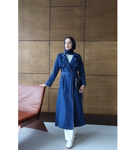 6458-Denim Allerli Trençkot Koyu Mavi