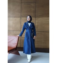 6458-Denim Allerli Trençkot Koyu Mavi