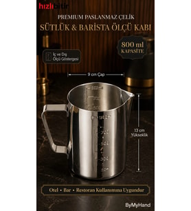 ByMyHand Premium Paslanmaz Çelik Ölçü Kabı Karıştırma Kabı Sütlük Süt Potu Barista Ölçü Kabı 800 Ml