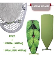 Kanat  Ayarlanabilir Keçe Laminasyonlu Yeşil Yaprak Dijital Baskı ve Yeşil Renk  Ütü Masası Kumaşı 3'lü  Set 34x110 cm