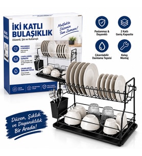 SİYAH - METAL 2 KATLI TABAKLIK - BULAŞIKLIK (5343)