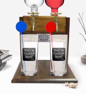 BK Gift Kişiye Özel Renkli Baskılı Trust Me You Can Dance Tasarımlı İkili Vodka Bardağı ve Çift Musluklu Doğal Ahşap Vodka Standı-2 (Model 1)