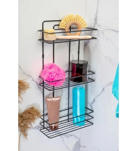 Banyo Rafı 3 Katlı Siyah Şampuanlık Hem Vidalı Hem Yapışkan Stickerlı Siyah