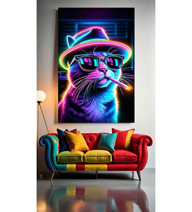 NEON SİGARALI KEDİ V1 Ev Duvar Salon Güzellik Salonu Ofis Dükkan Dekarasyon Kanvas Tablo (Çok Renkli)