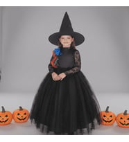 Moda Sitesi Cadı Kostümü Tarlatanlı Kız Çocuk için –  Halloween Elbise Ve Şapka (Siyah)