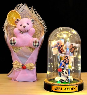 Kişiye Özel İsimli 3 Fotoğraflı Led Işıklı Fanus ve Pembe Peluş Ayıcık Buketi (Model 4)