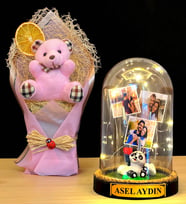 Kişiye Özel İsimli 3 Fotoğraflı Led Işıklı Fanus ve Pembe Peluş Ayıcık Buketi (Model 4)