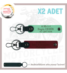 Motorcu Dostlara Özel, İsim Plaka ve A Rh (+) Kan Grubu Yazılı x2 Anahtarlık Set, Yeşil-Bordo-Laci