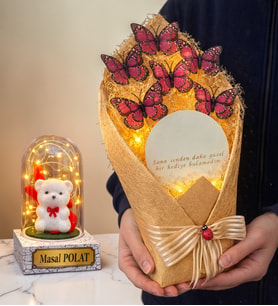 Kişiye Özel Işıklı Fanus ve Aynalı Led Işıklı Pembe Kelebek Buketi – Romantik Hediye Seti (Model 5)