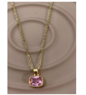 Kare Pembe Zirkon Taşlı Gold Renk Çelik Kolye