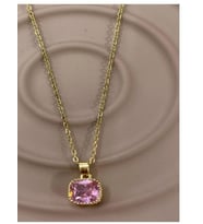 Kare Pembe Zirkon Taşlı Gold Renk Çelik Kolye