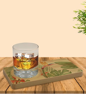 BK Gift Kişiye Özel Yapraklar Tasarımlı Doğal Ahşap Tabaklı Viski Bardağı Sunum Seti Model 6
