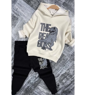 Erkek Çocuk Önü Yazı Ve Dino Baskılı Kapşonlu Sweatshirt 3 İplik Siyah Eşofman T