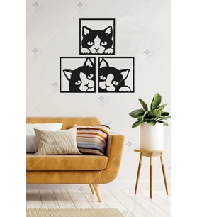 3'lü Sevimli Kedi Ahşap Duvar Dekoru Ve Tablosu 35x35 Cm - Çift Taraflı Bant Ile Kolay Montaj (Siyah)