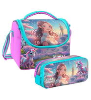 Coral High Kız Çocuk Turkuaz Pembe Anime Kız Thermo Beslenme Çantası ve İki Bölmeli Kalemlik Seti