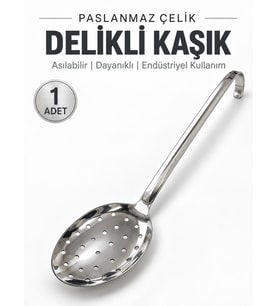 Beylini Endüstriyel Sanayi Tipi Delikli Kaşık Paslanmaz Çelik Okul Lokanta Tipi Kulplu Süzgeçli Kaşık Asılabilir
