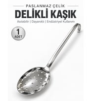 Beylini Endüstriyel Sanayi Tipi Delikli Kaşık Paslanmaz Çelik Okul Lokanta Tipi Kulplu Süzgeçli Kaşık Asılabilir