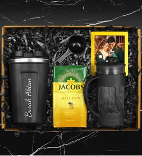 Kişiye Özel Starbucks Model Çelik Termos & Ölçekli French Press & 250 Gram Jacobs Selection Filtre Kahve & Çerçeve Hediye Seti