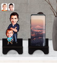 BK Gift Kişiye Özel Baba Oğul Karikatürlü Ahşap Biblo Telefon Standı-2