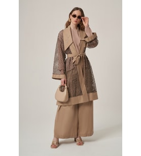 FTZ Women Kadın Rahat Kalıp File Kumaş Garnili İkili Takım Beige 31368