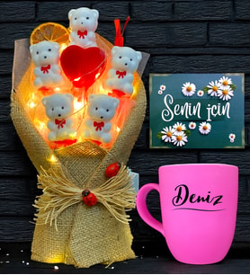 Led Işıklı Ayıcık Buketi ve Kişiye Özel Renkli Kupa Bardak  Arkadaşa Hediye Doğum Günü Hediyesi (Pembe)