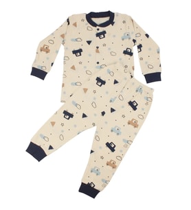 Erkek Çocuk Ekru Laci Arabalı Desenli Çıtçıtlı Pijama Takımı