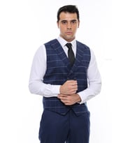 Kruvaze Yakalı Kareli Desenli Mavi Erkek Yelek - Wessi (Lacivert)