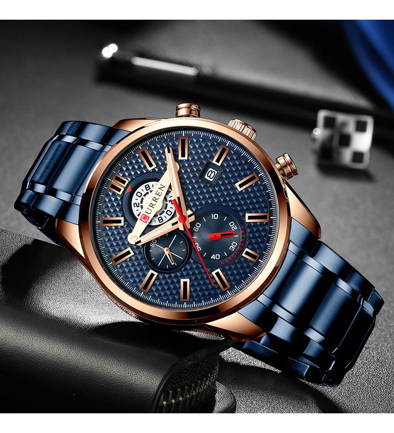 curren$y カレンシー 2点セット　currensy Curren 8352 Chronograph Çelik Erkek Kol Saati (Lacivert)